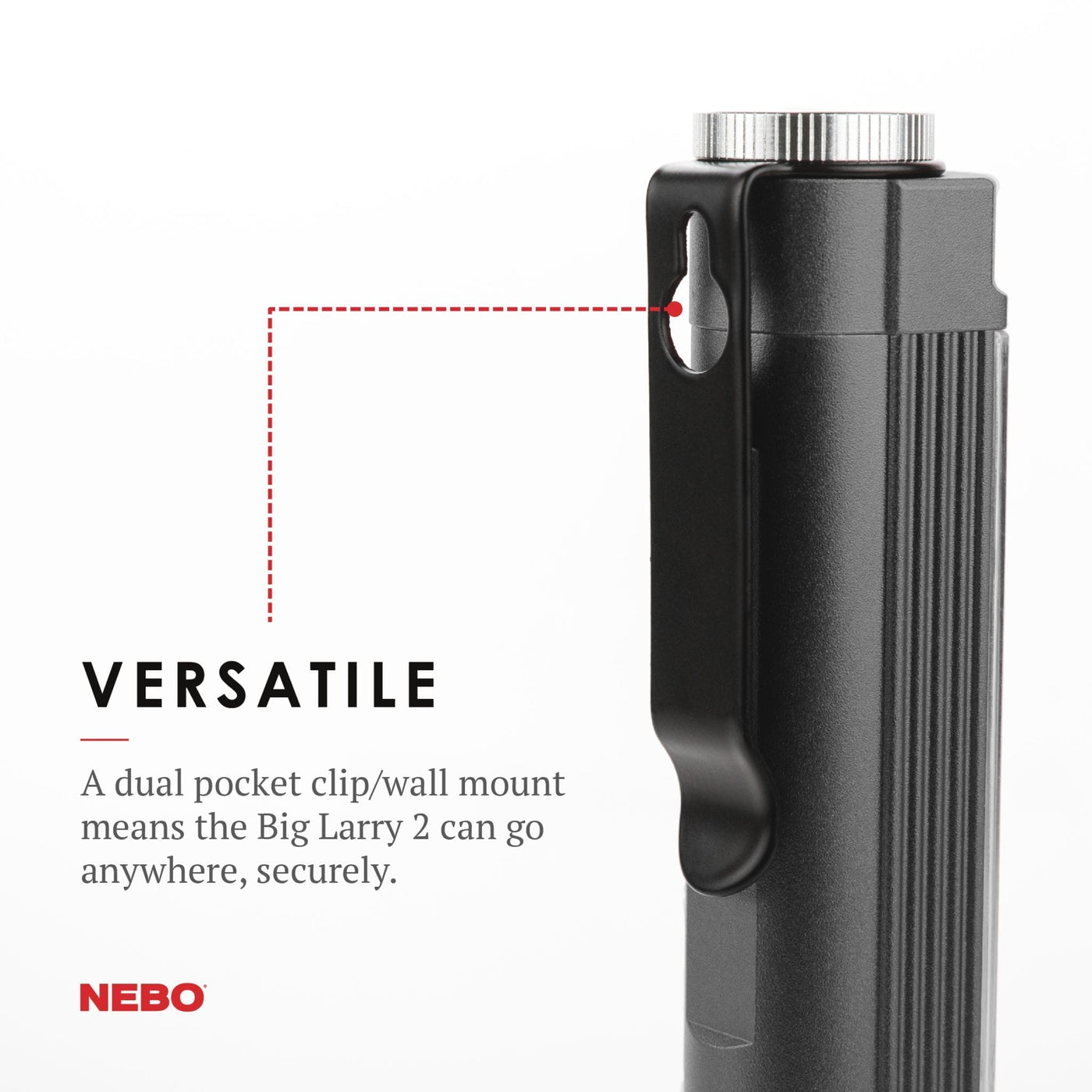 At Nebo Tools, we continually innovate so that we can offer the highest quality LED lighting products at the best price. The Big Larry™ 2 outputs 500 lumens with the COB work light and 200 lumens from the top flashlight which includes 4 light modes.  The red COB light is perfect for distress signalling or roadside emergencies. The steel clip and magnetic base provide convenient hands-free lighting options.