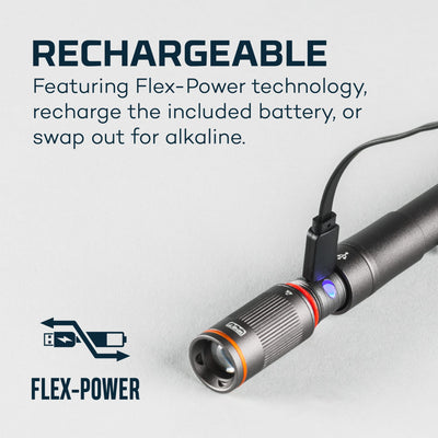 At Nebo Tools, we continually innovate so that we can offer the highest quality LED lighting products at the best price. The Columbo™ FLEX 250 torch features a 250 lumen LED, Flex-Power technology, 3 light modes, 4 adjustable zoom settings, Easy Touch technology, a strong steel clip and a waterproof anodized aircraft-grade aluminium body. The included battery allows for up to 4 hours of operation in between charges.