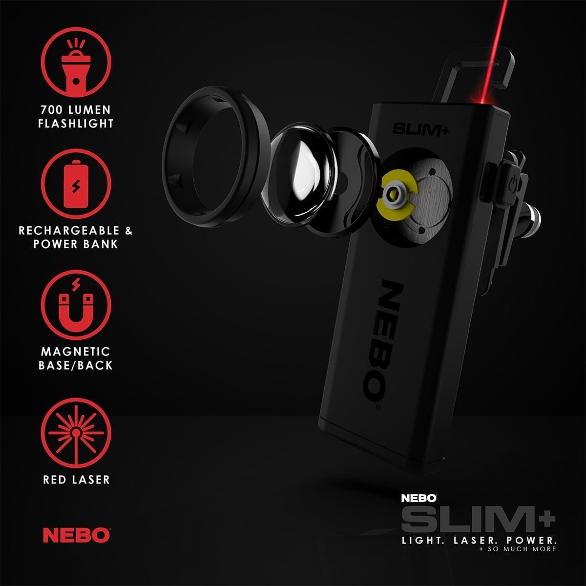 At Nebo Tools, we continually innovate so that we can offer the highest quality LED lighting products at the best price. The SLIM+ is a thin, ergonomic rechargeable 700 lumen pocket light with a class 2 EU certified red laser pointer and an emergency power bank for your USB powered devices. Equipped with full dimming and Power Memory Recall, the SLIM+ also features a detachable magnetic pocket clip, collapsible hanging hook and magnetic base for convenient hands-free lighting.